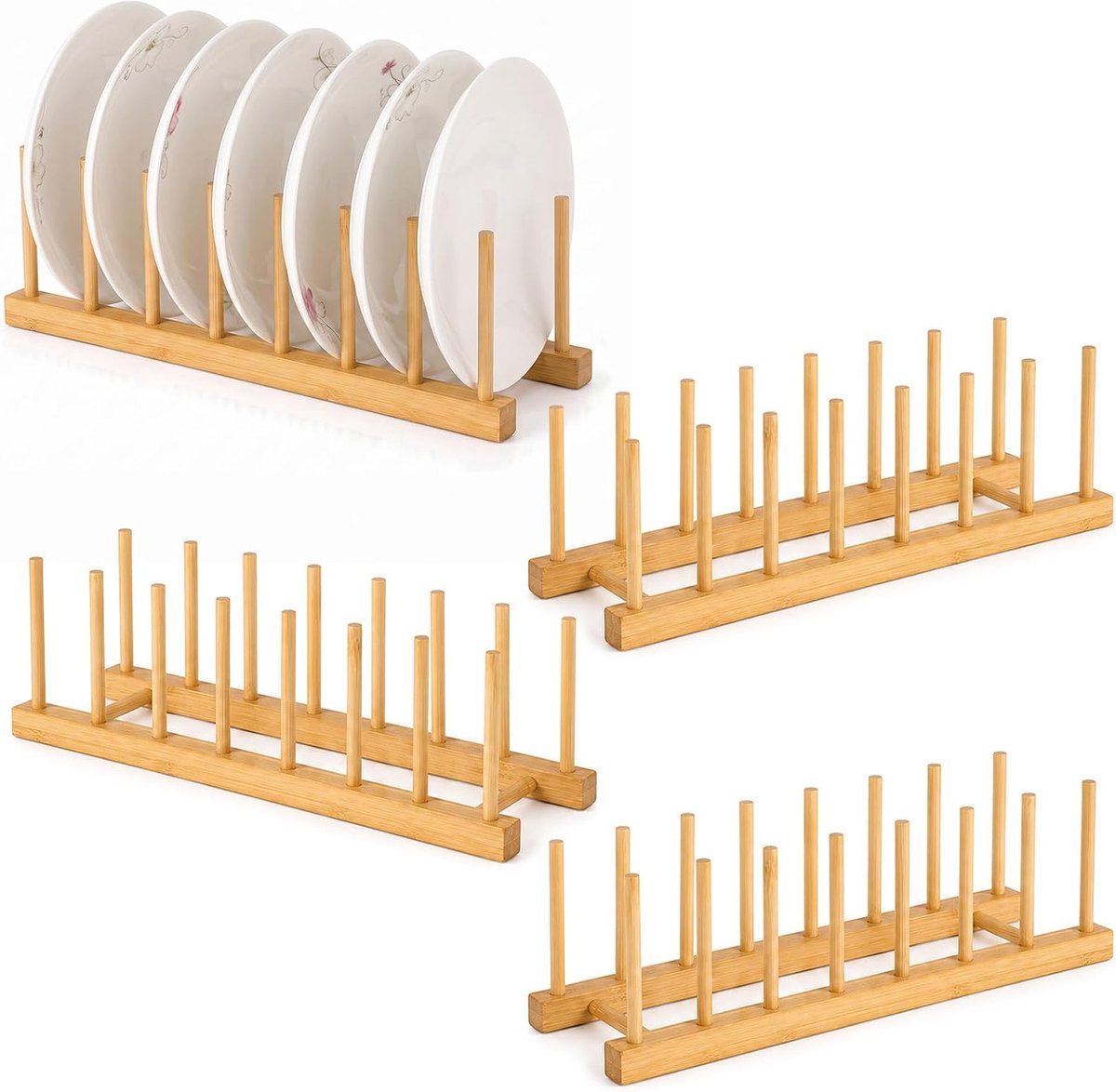 Bordenrek 4 stuks bamboe - bordenorganizer met 7 vakken - ruimtebesparend keukenaccessoire - SnelShoppen