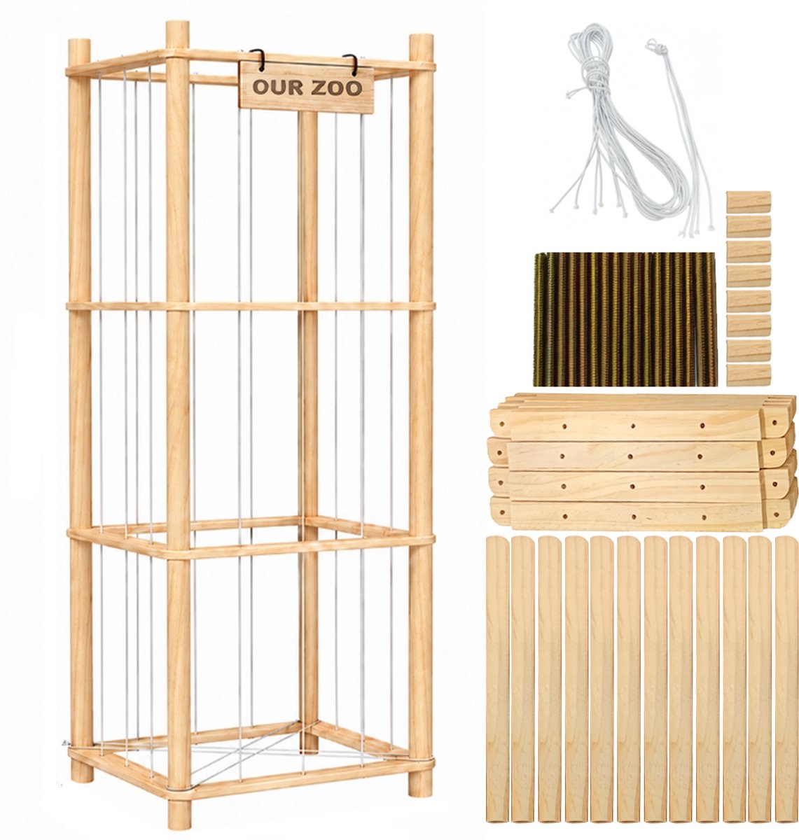 Opbergrek voor pluche speelgoed - Bamboe speelgoedkist - Opbergrek voor babyspeelgoed - Grote opbergdoos - Vrijstaand rek - Opbergrek voor knuffels - Opbergrek voor poppen - Drie lagen - 136*40*40 cm - Hout