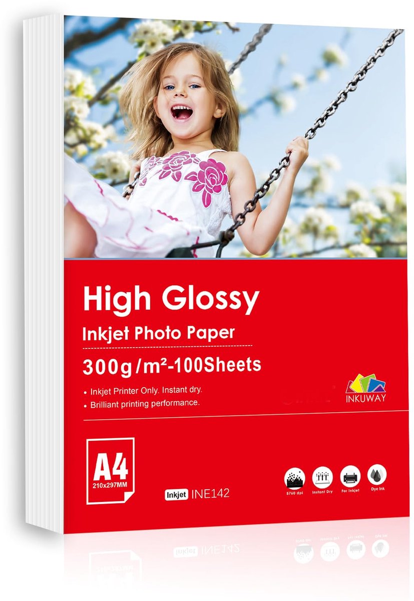 SnelShoppen - Glanzend Fotopapier A4 300gsm - 100 vellen Zwaargewicht Dikke Enkele Afdrukoppervlak voor Foto's, Wenskaarten, Ansichtkaarten en Uitnodi