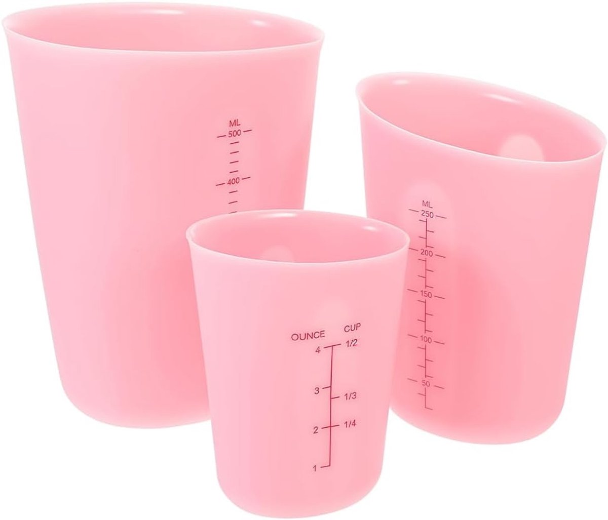 SnelShoppen - 3 Stuks Siliconen Maatbekers voor Kunststoffen, 125/250/500ml, Roze, Perfect voor Epoxy Gieten, Handwerken, Keuken en Laboratorium