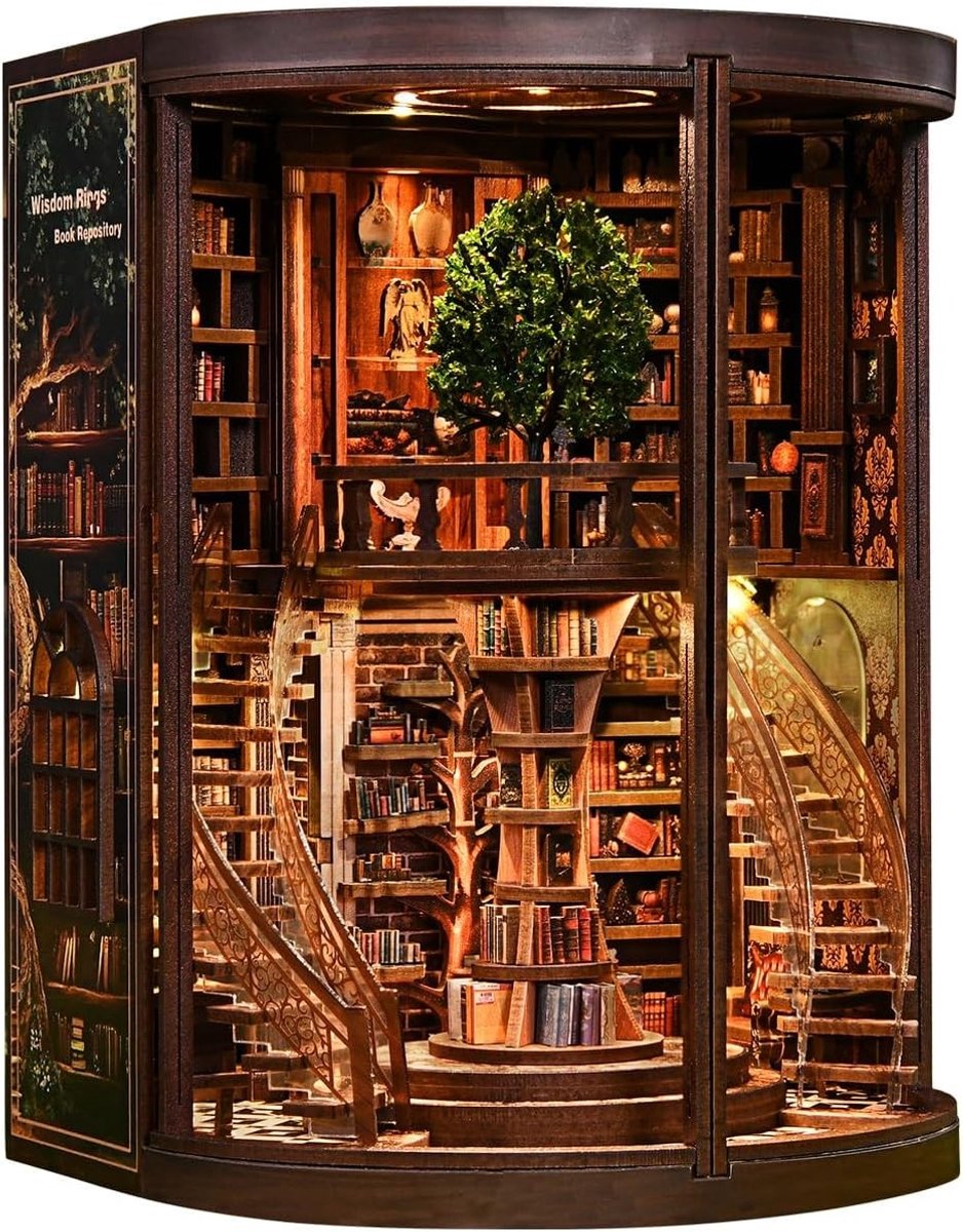 DIY Miniatuur Boekenhoek Kit met Retro Dubbele Bibliotheek, 3D Houten Puzzels, LED Verlichting en Stofbescherming voor Boekenliefhebbers en Decoratie