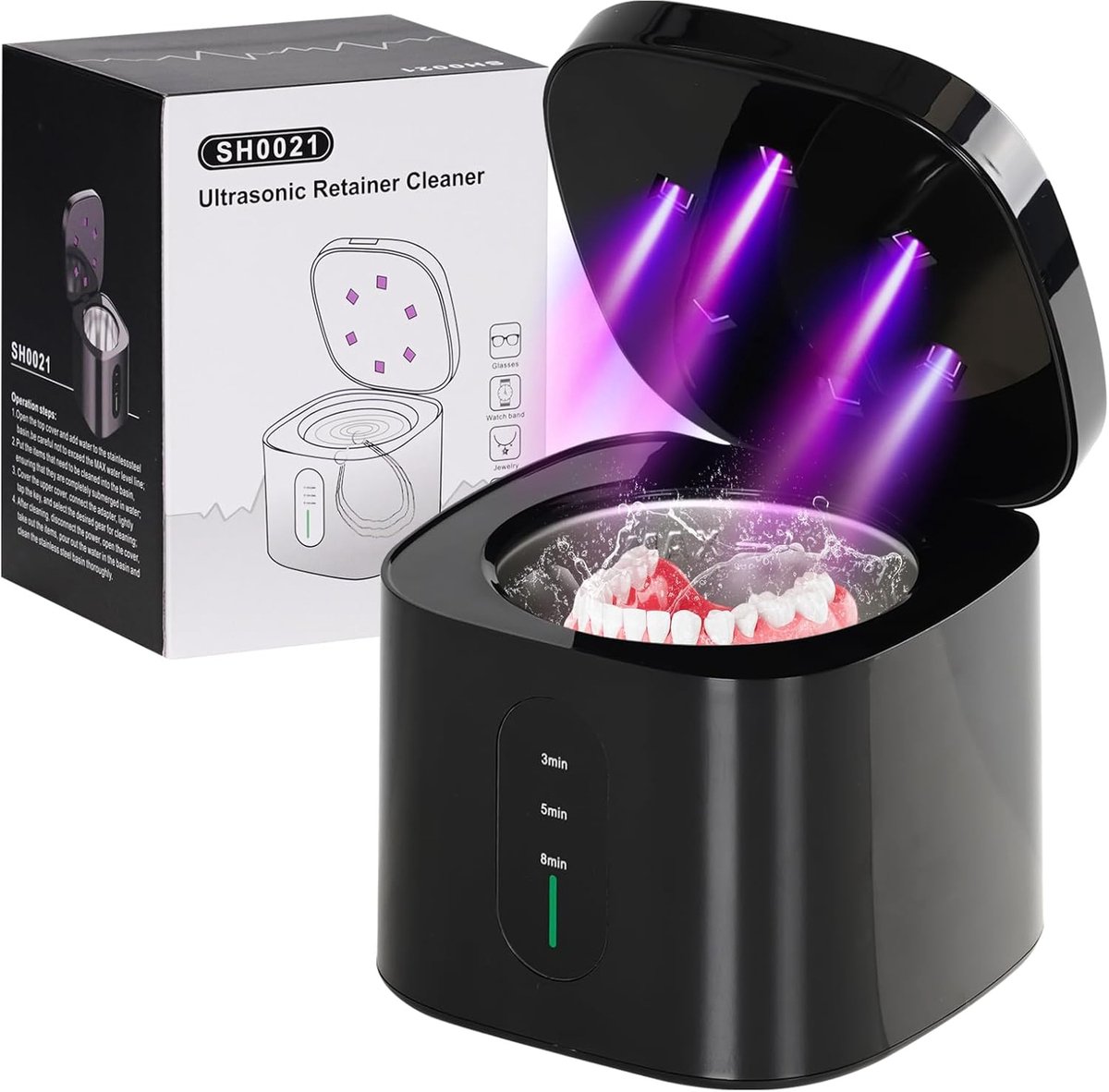 SnelShoppen - Ultrasoon reinigingsapparaat voor tandvervanging, 50 kHz ultrasone reiniger, 150 ml, 3 modi voor kunstgebitten, aligners, tandrails en s