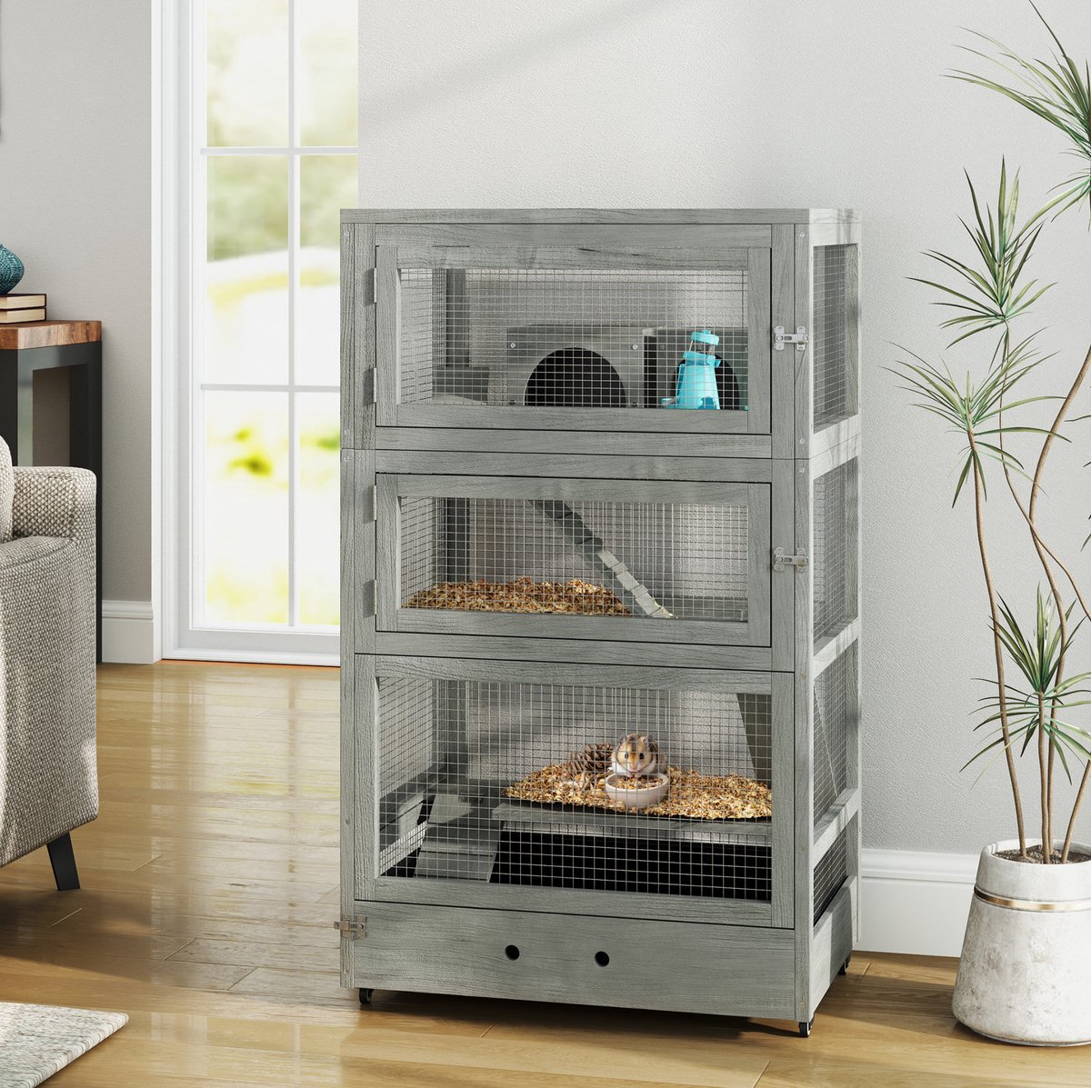 REDOM - Kooi - Zwerghamsterkooi van hout - 4-laagse structuur met meerdere deuren - Wielen met rem - Staand model - Voor knaagdieren - Hout - Grijs - 65 x 45 x 109 cm