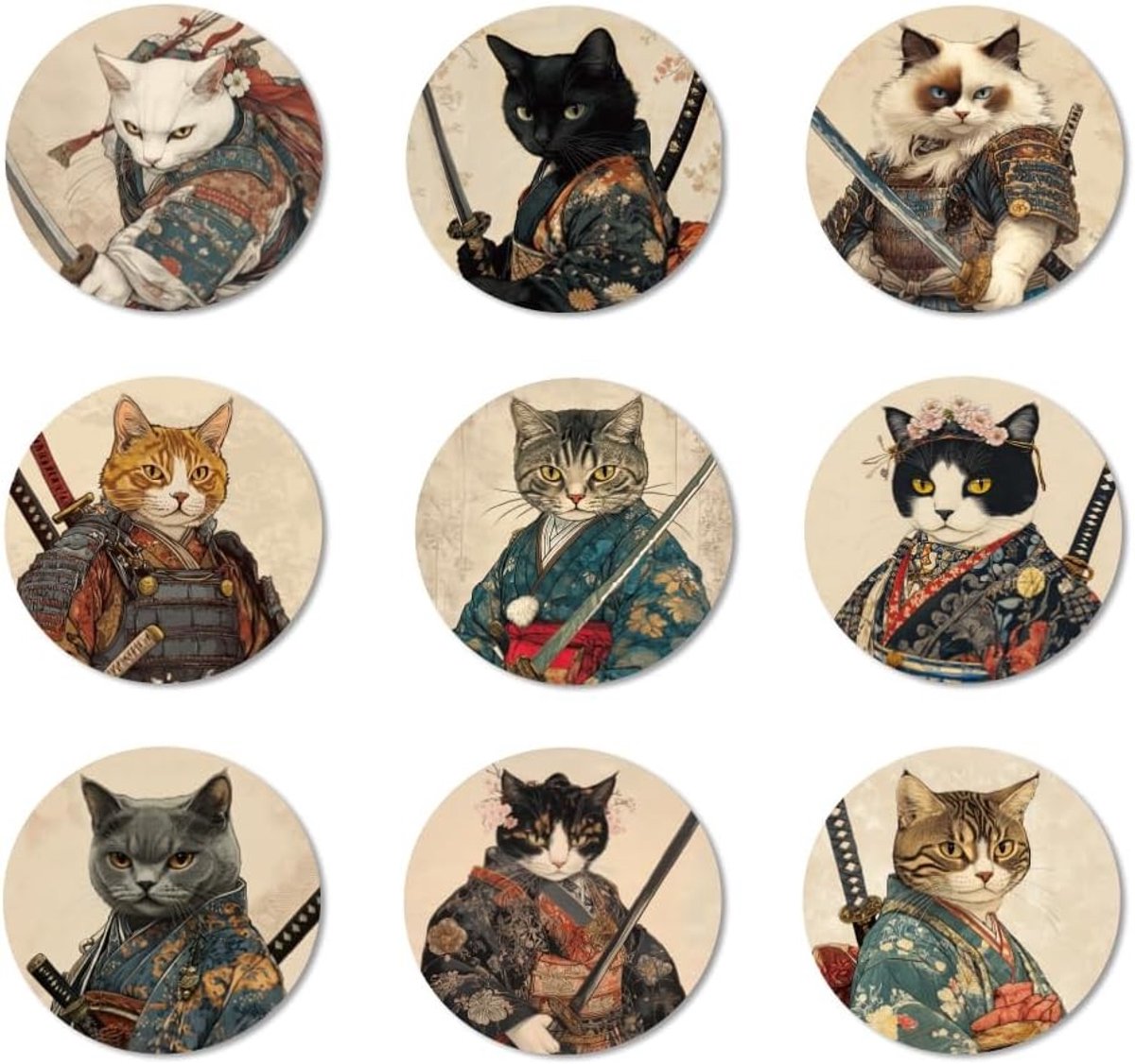 Houten onderzetters - kleurrijke samurai kat - set van 9