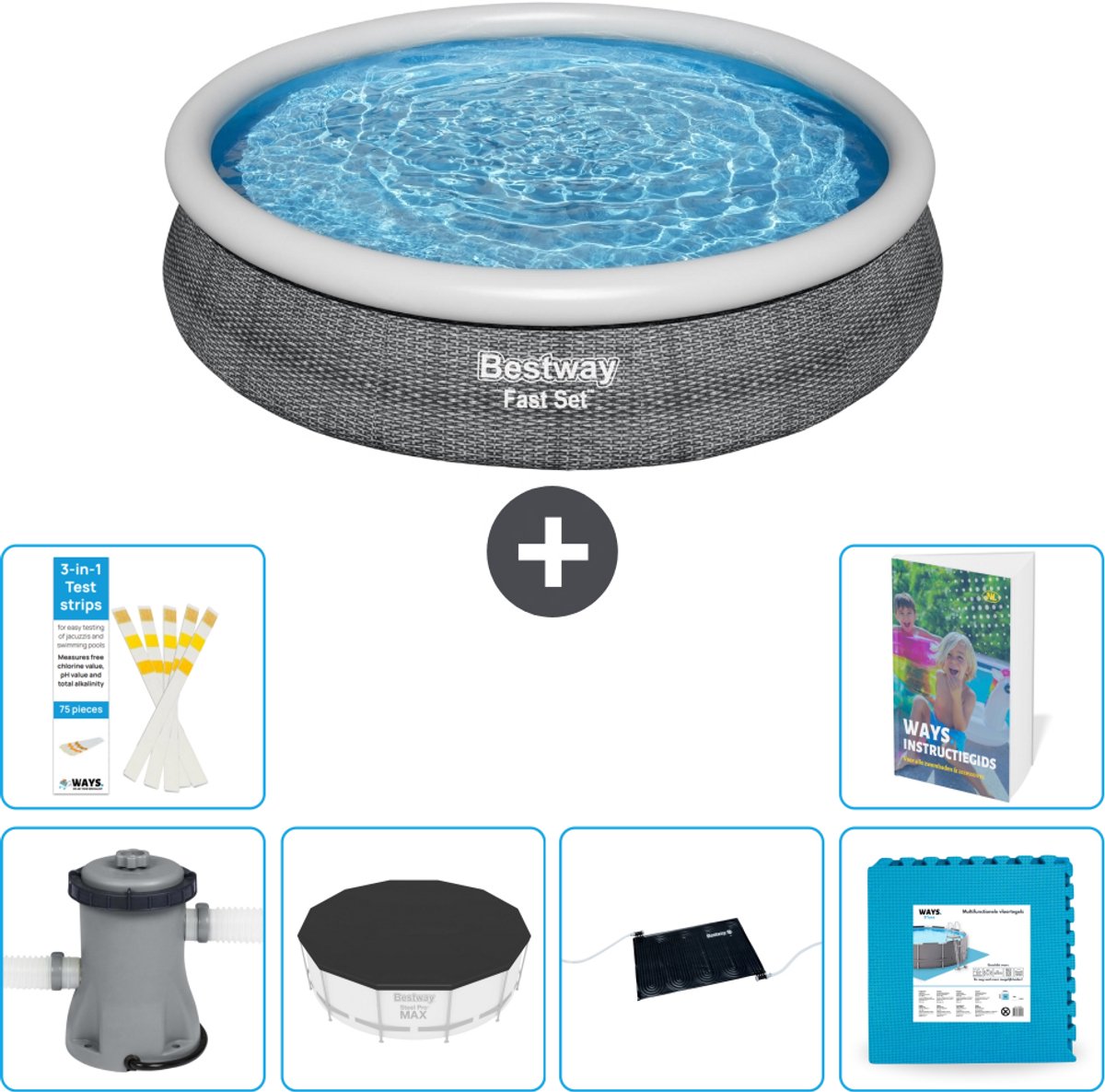 Bestway Rond Opblaasbaar Fast Set Zwembad - Rotanprint - 366 x 76 cm - Inclusief Pomp - Afdekzeil - Solar Mat - Vloertegels - 7-delig