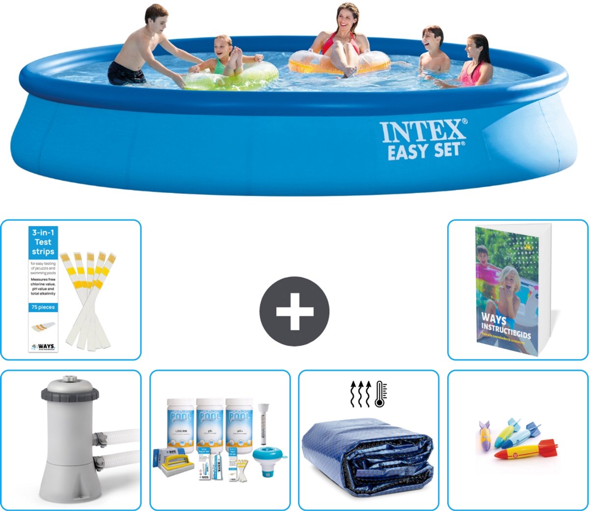 Intex Rond Opblaasbaar Easy Set Zwembad - 457 x 84 cm - Blauw - Inclusief Pomp - Onderhoudspakket - Solarzeil - Speelgoed - 7-delig
