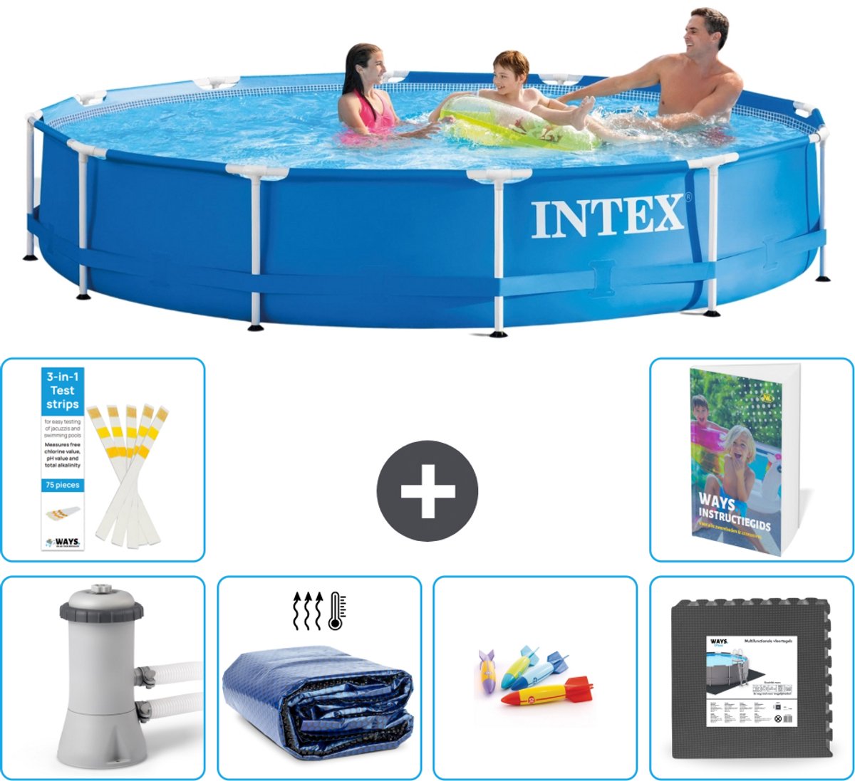 Intex Rond Frame Zwembad - 366 x 76 cm - Blauw - Inclusief Pomp - Solarzeil - Speelgoed - Vloertegels - 7-delig