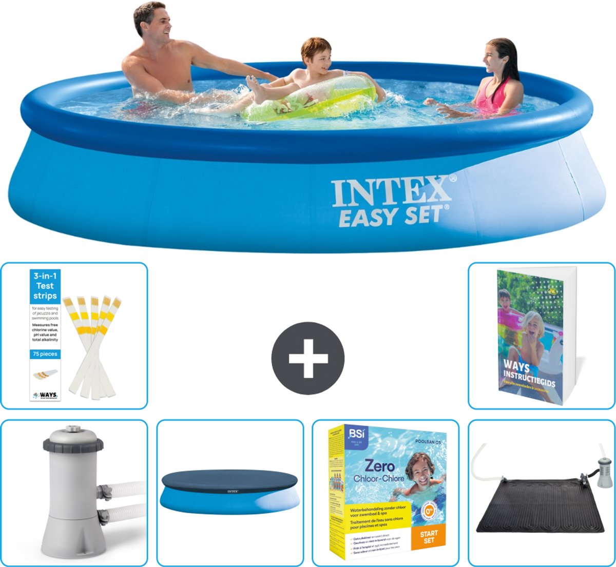 Intex Rond Opblaasbaar Easy Set Zwembad - 366 x 76 cm - Blauw - Inclusief Pomp - Afdekzeil - Onderhoudspakket - Solar Mat - 7-delig