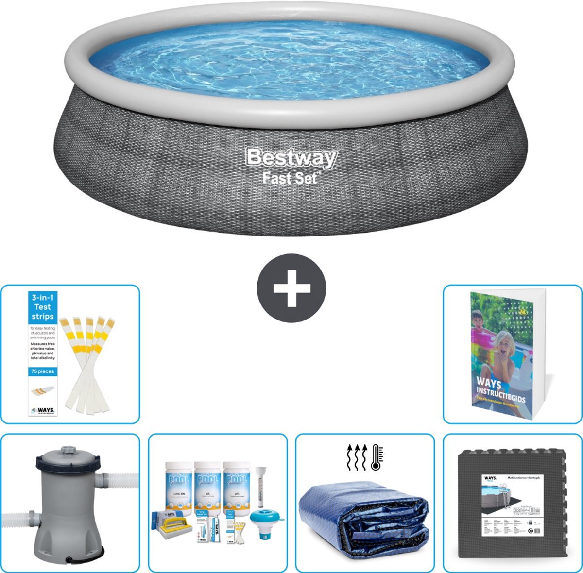 Bestway Rond Opblaasbaar Fast Set Zwembad - Rotanprint - 457 x 84 cm - Inclusief Pomp - Onderhoudspakket - Solarzeil - Vloertegels - 7-delig