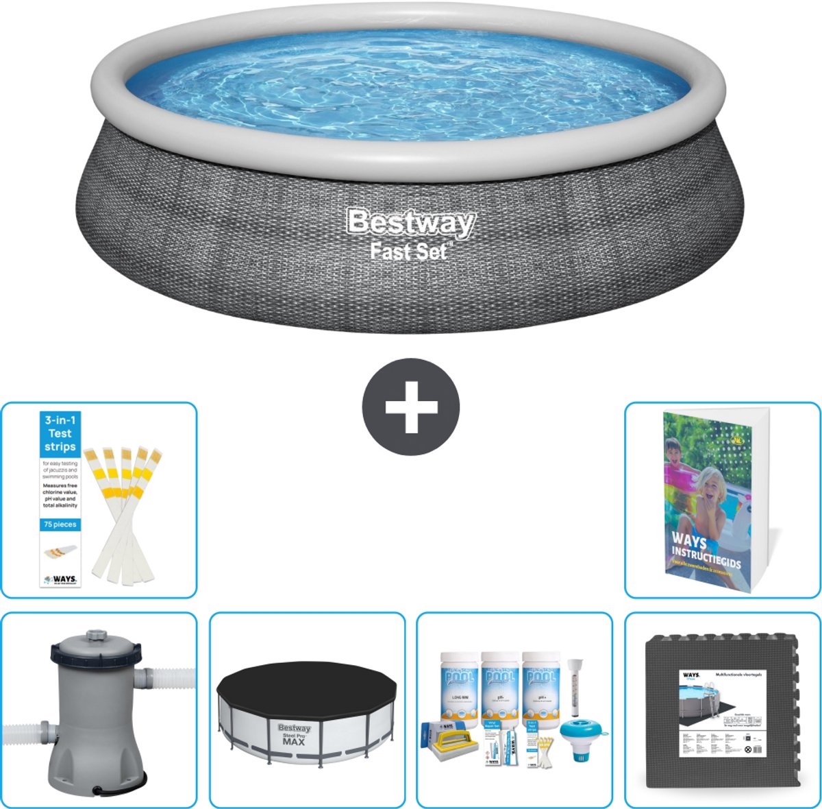 Bestway Rond Opblaasbaar Fast Set Zwembad - Rotanprint - 457 x 84 cm - Inclusief Pomp - Afdekzeil - Onderhoudspakket - Vloertegels - 7-delig