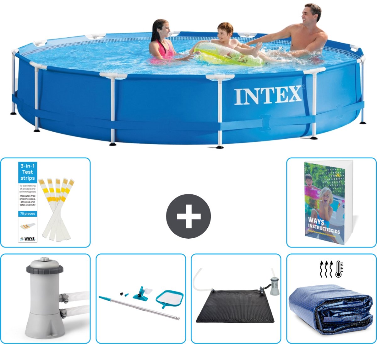 Intex Rond Frame Zwembad - 366 x 76 cm - Blauw - Inclusief Pomp - Schoonmaakset - Solar Mat - Solarzeil - 7-delig