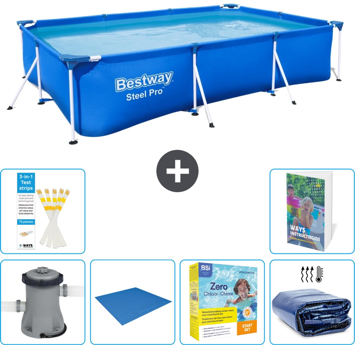 Bestway Rechthoekig Steel Pro Zwembad - 300 x 201 x 66 cm - Blauw - Inclusief Pomp - Grondzeil - Onderhoudspakket - Solarzeil - 7-delig
