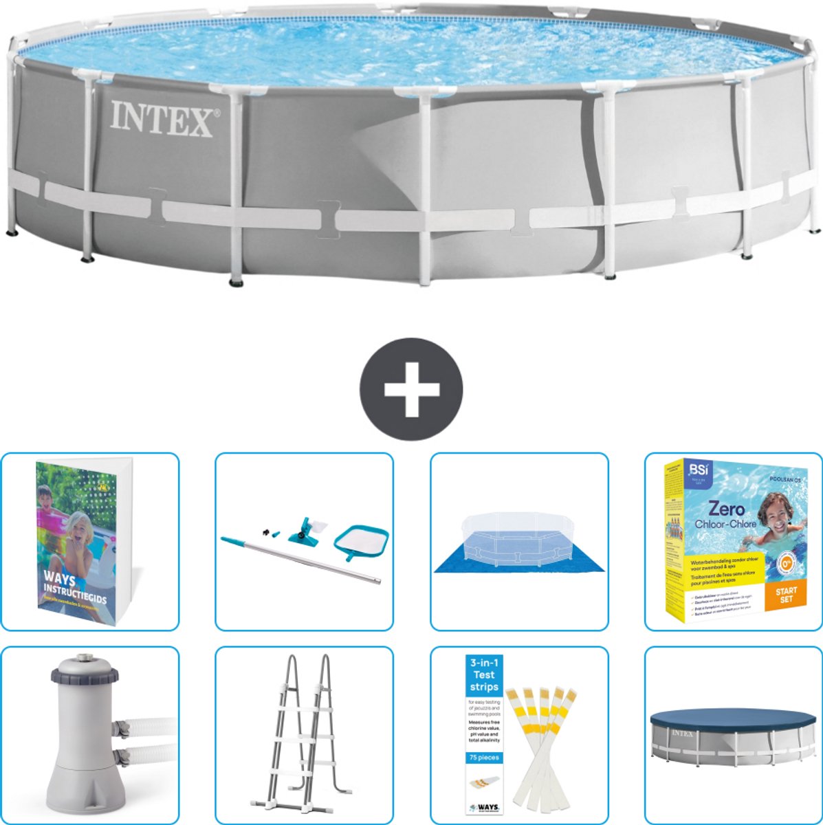 Intex Rond Prism Frame Zwembad - 427 x 107 cm - Grijs - Inclusief Pomp - Ladder - Grondzeil - Afdekzeil - Schoonmaakset - Onderhoudspakket - 9-delig