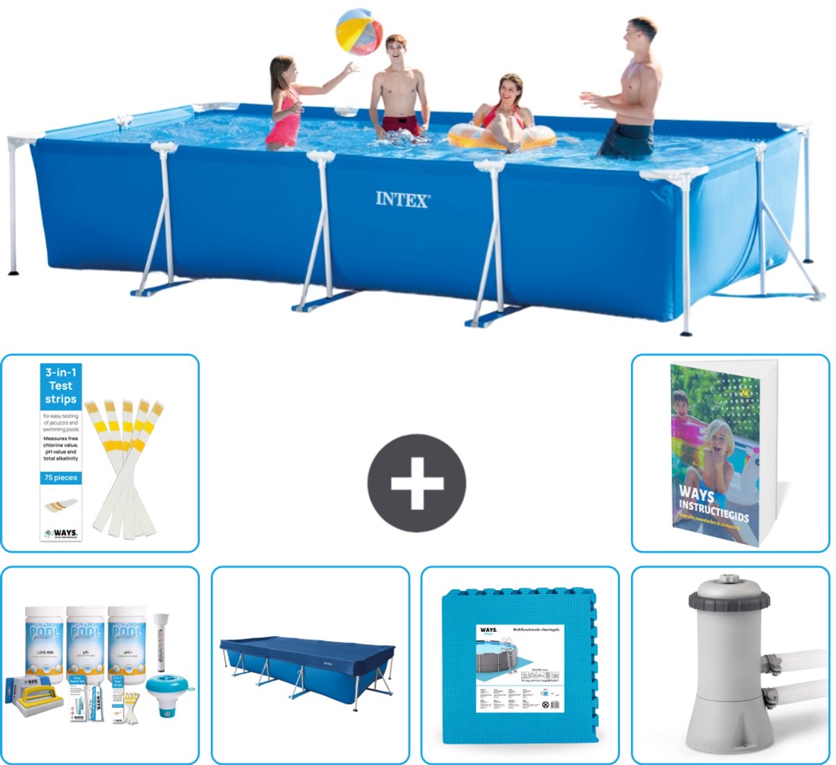 Intex Rechthoekig Frame Zwembad - 450 x 220 x 84 cm - Blauw - Inclusief Onderhoudspakket - Afdekzeil - Vloertegels - Zwembadfilterpomp - 7-delig