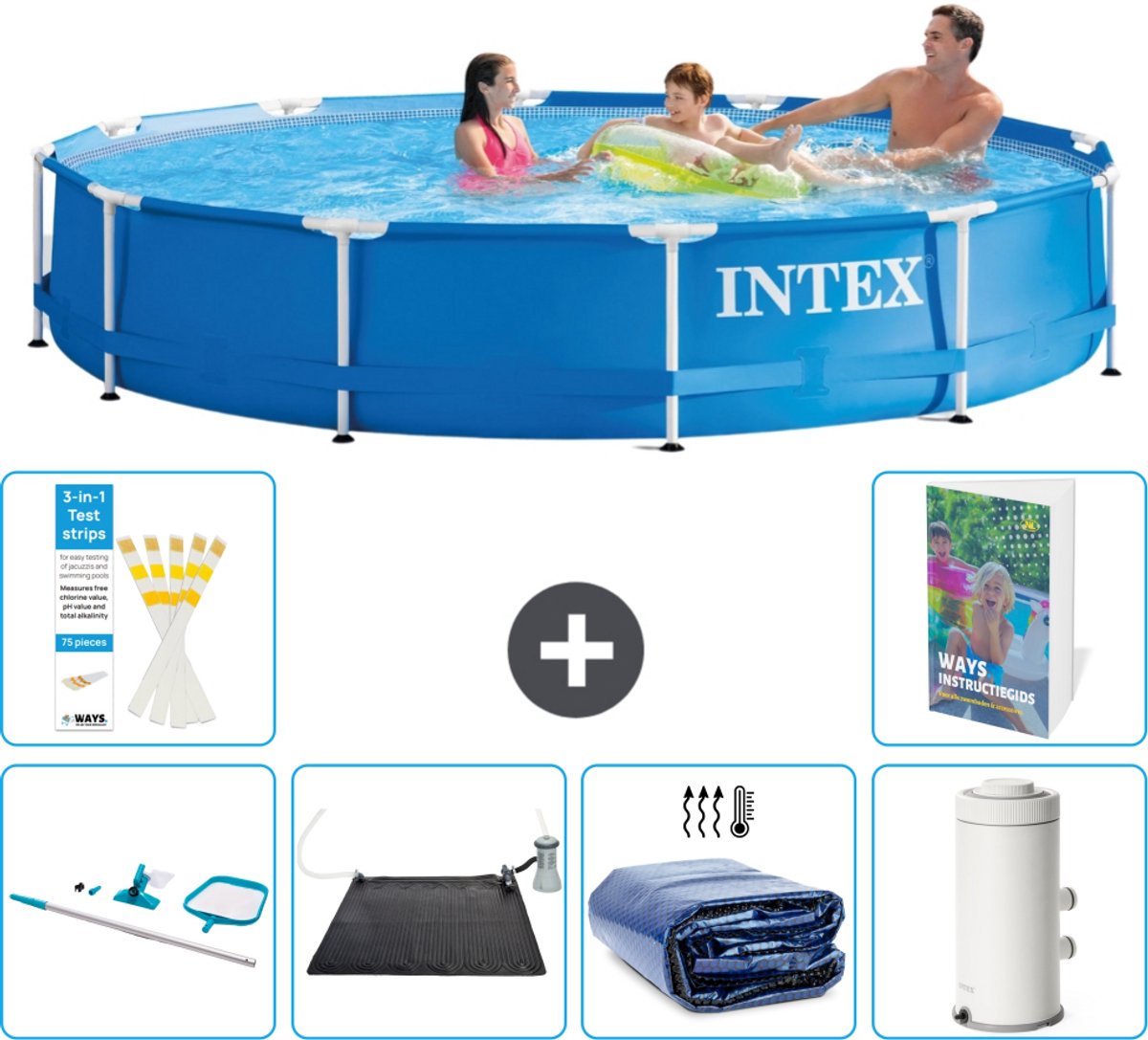 Intex Rond Frame Zwembad - 366 x 76 cm - Blauw - Inclusief Schoonmaakset - Solar Mat - Solarzeil - Zwembadfilterpomp - 7-delig