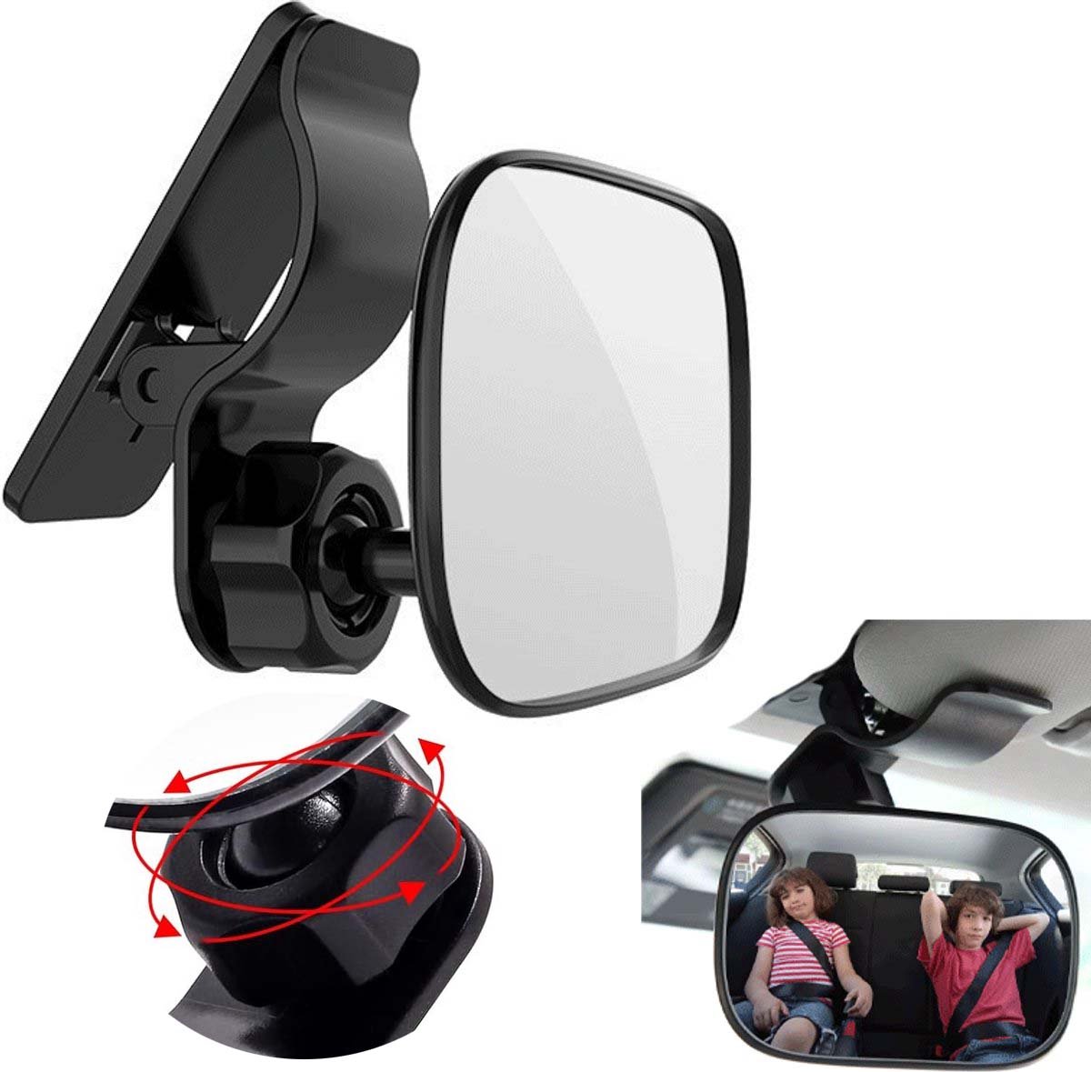 TEKROA® Auto Achterbankspiegel Baby -Autospiegel - 360° Verstelbare Groothoekspiegel - Universeel voor Binnen en Kinderwagen - Zwart
