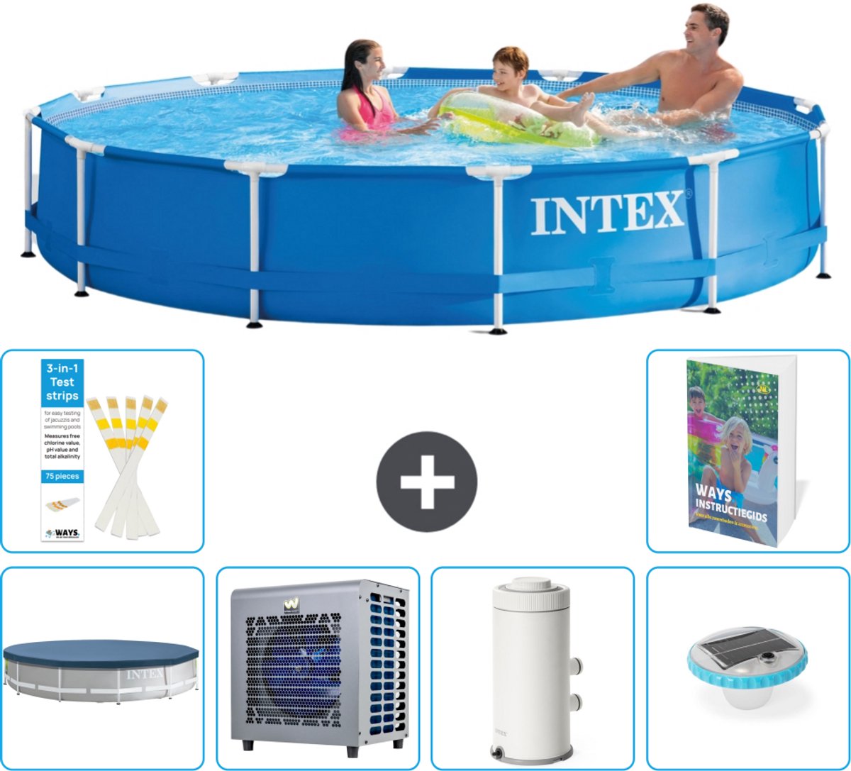 Intex Rond Frame Zwembad - 366 x 76 cm - Blauw - Inclusief Afdekzeil - Warmtepomp - Zwembadfilterpomp - Verlichting - 7-delig