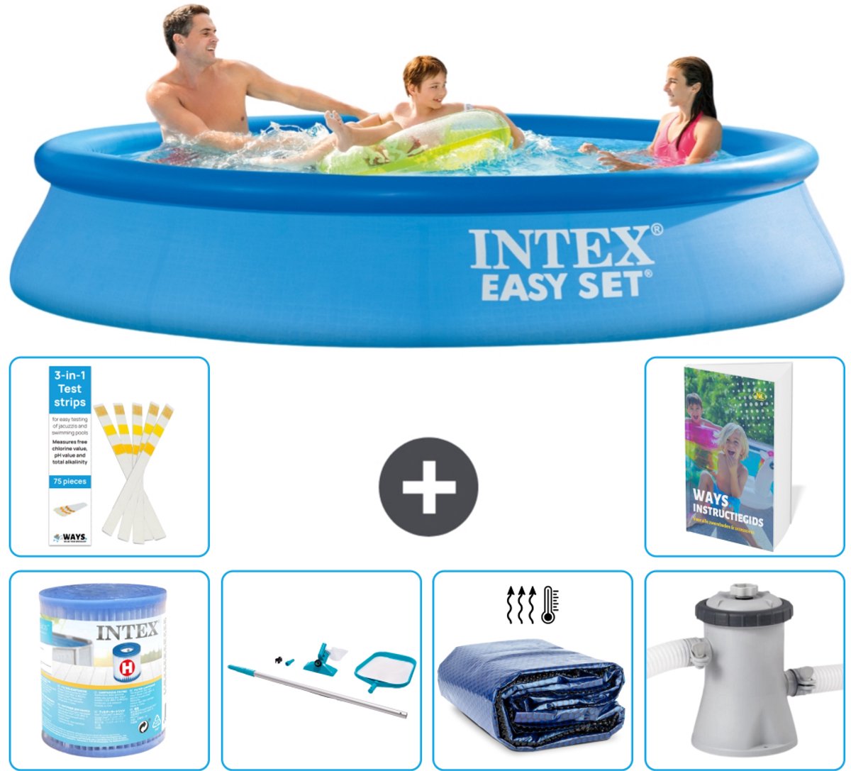 Intex Rond Opblaasbaar Easy Set Zwembad - 305 x 61 cm - Blauw - Inclusief Filter - Schoonmaakset - Solarzeil - Zwembadfilterpomp - 7-delig