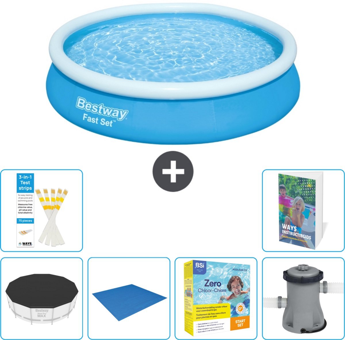 Bestway Rond Opblaasbaar Fast Set Zwembad - 366 x 76 cm - Blauw - Inclusief Afdekzeil - Grondzeil - Onderhoudspakket - Zwembadfilterpomp - 7-delig