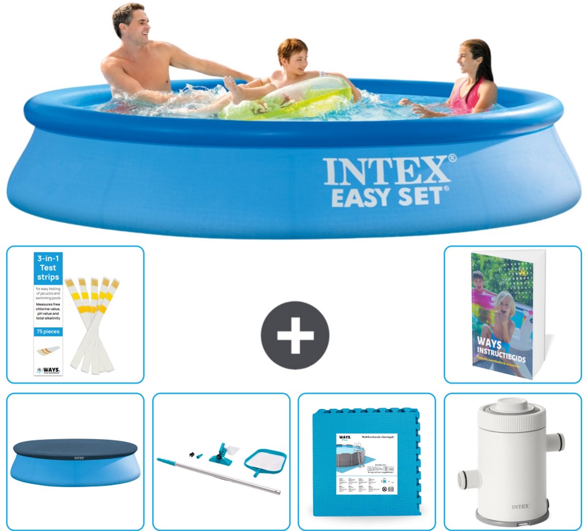 Intex Rond Opblaasbaar Easy Set Zwembad - 305 x 61 cm - Blauw - Inclusief Afdekzeil - Schoonmaakset - Vloertegels - Zwembadfilterpomp - 7-delig
