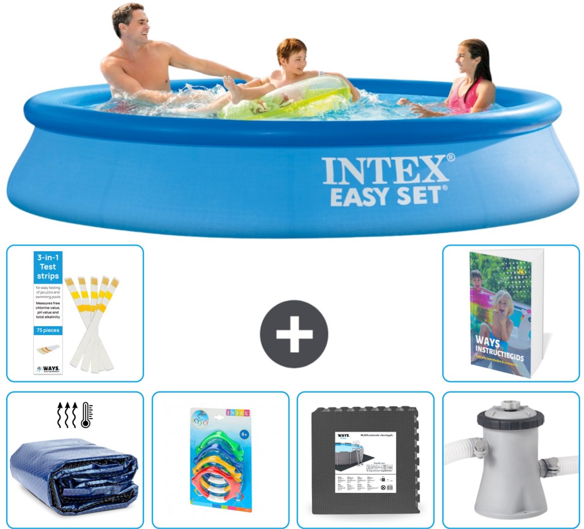 Intex Rond Opblaasbaar Easy Set Zwembad - 305 x 61 cm - Blauw - Inclusief Solarzeil - Speelgoed - Vloertegels - Zwembadfilterpomp - 7-delig