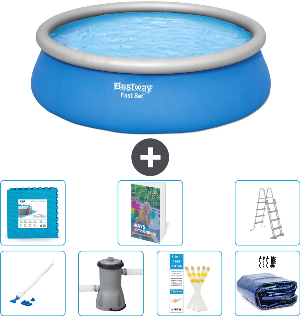 Bestway Rond Opblaasbaar Fast Set Zwembad - 457 x 122 cm - Blauw - Inclusief Pomp - Ladder - Solarzeil - Vloertegels - Stofzuiger - 8-delig