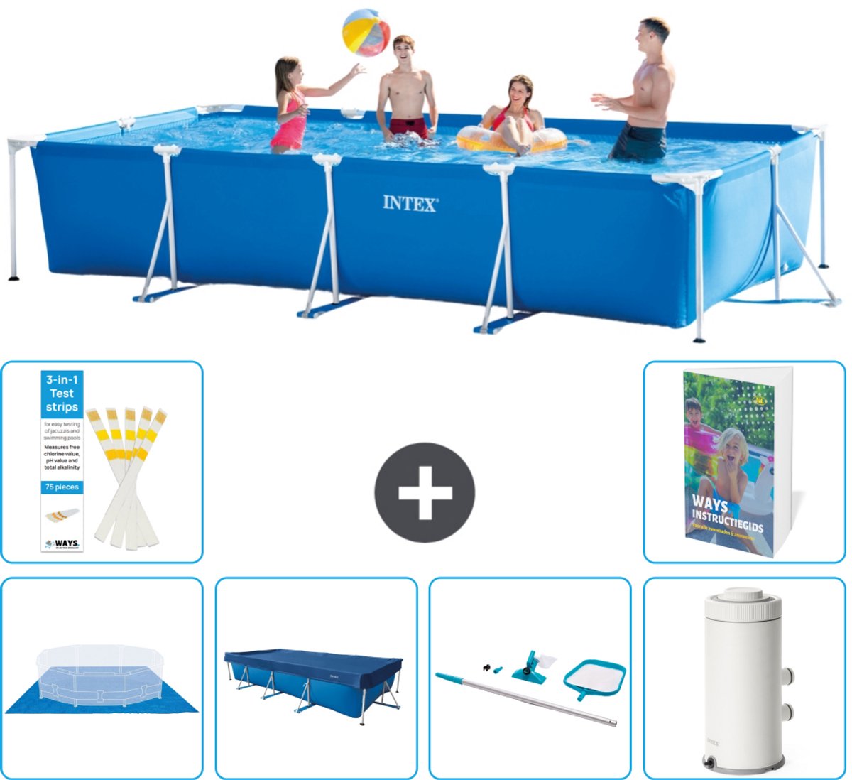Intex Rechthoekig Frame Zwembad - 450 x 220 x 84 cm - Blauw - Inclusief Grondzeil - Afdekzeil - Schoonmaakset - Zwembadfilterpomp - 7-delig