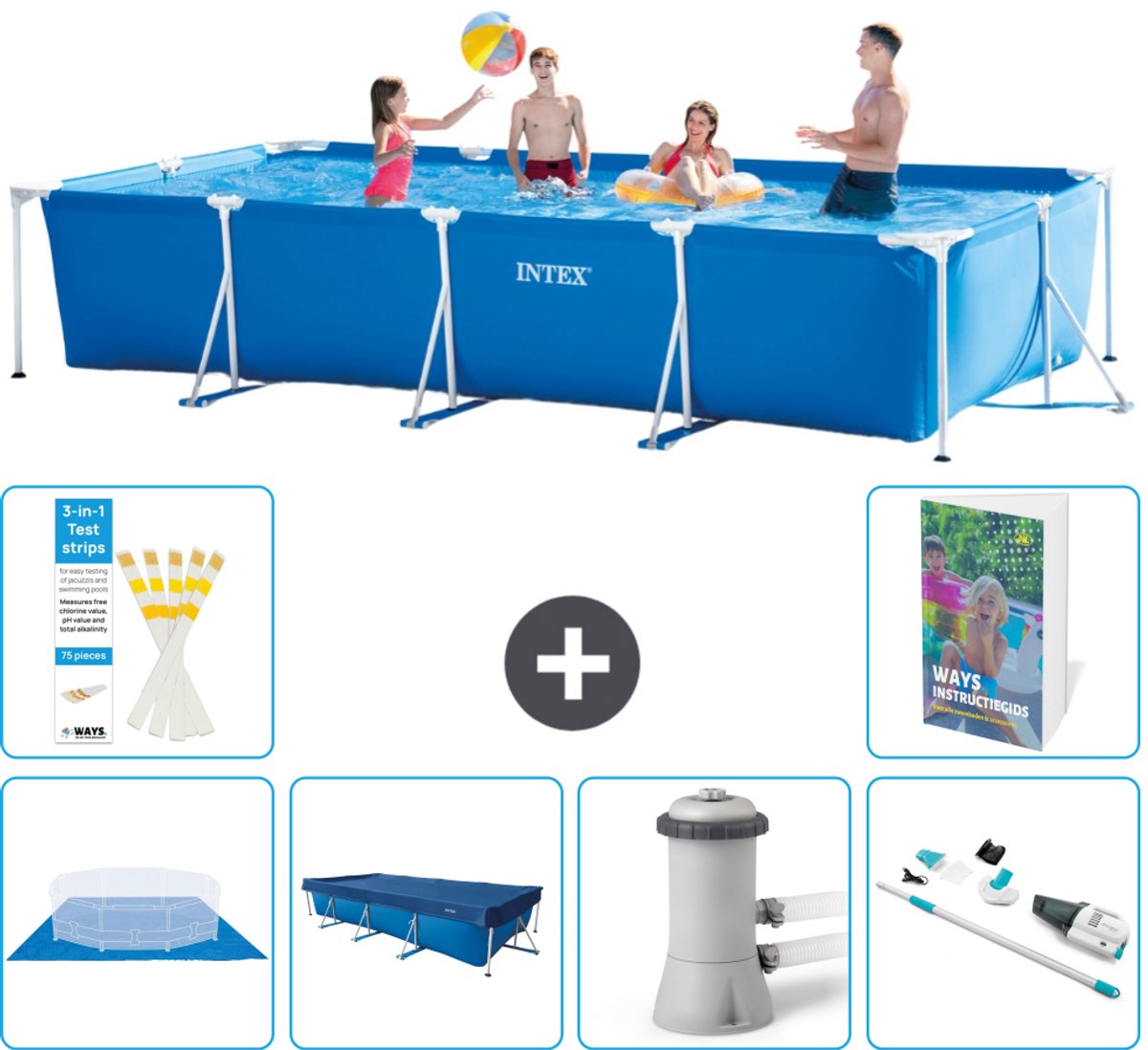 Intex Rechthoekig Frame Zwembad - 450 x 220 x 84 cm - Blauw - Inclusief Grondzeil - Afdekzeil - Zwembadfilterpomp - Stofzuiger - 7-delig
