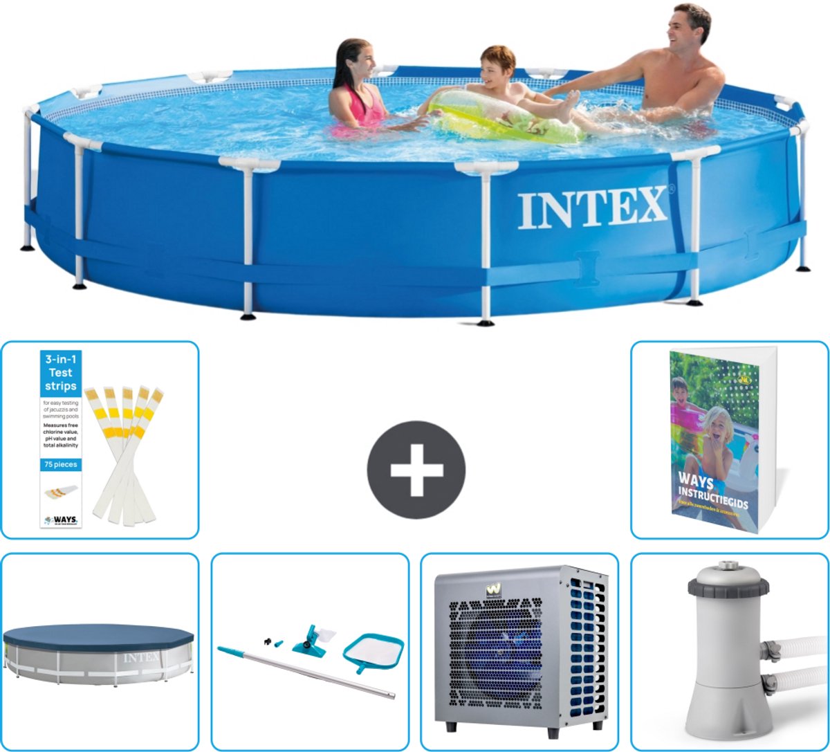 Intex Rond Frame Zwembad - 366 x 76 cm - Blauw - Inclusief Afdekzeil - Schoonmaakset - Warmtepomp - Zwembadfilterpomp - 7-delig