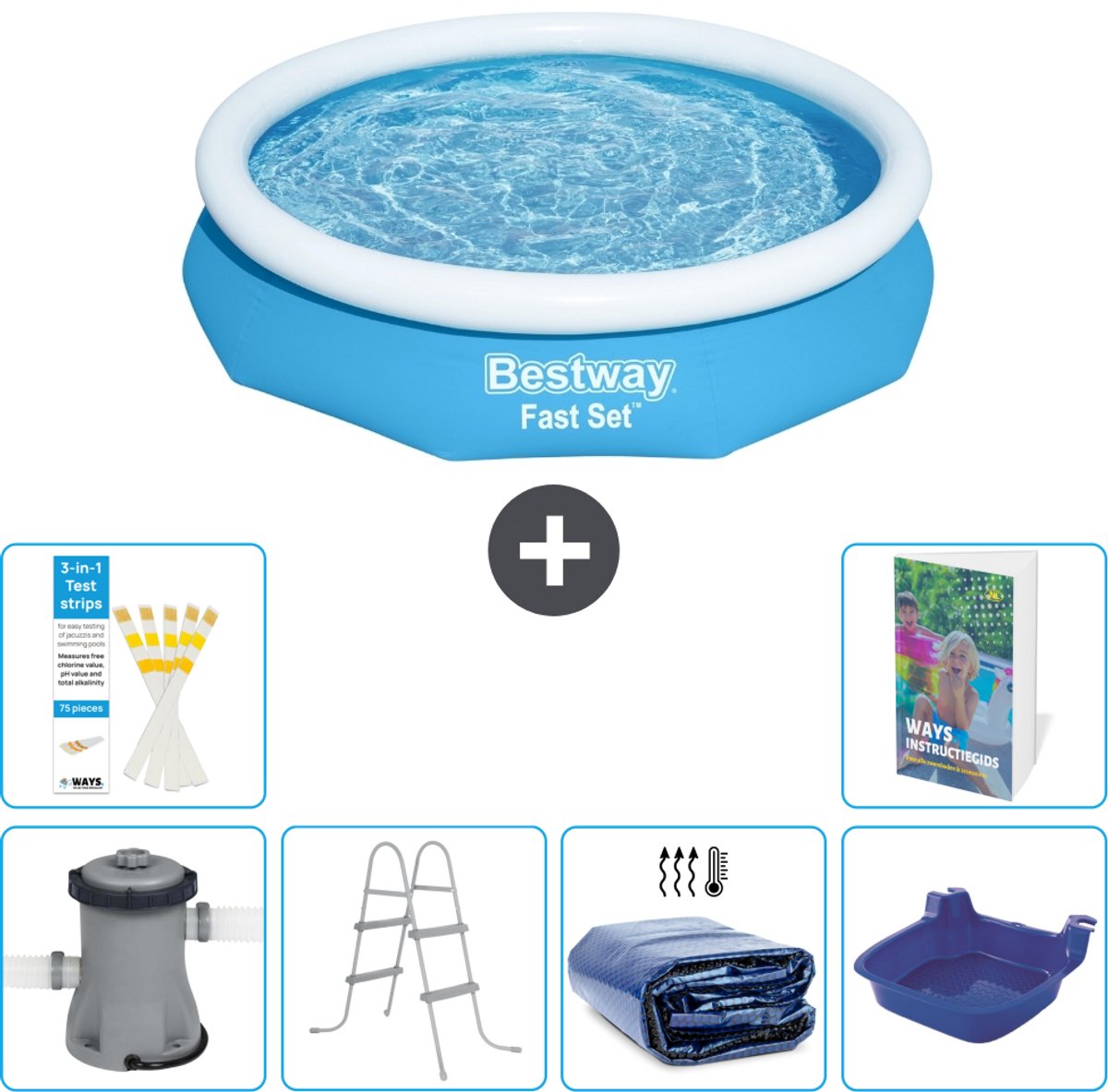 Bestway Rond Opblaasbaar Fast Set Zwembad - 305 x 66 cm - Blauw - Inclusief Pomp - Ladder - Solarzeil - Voetenbad - 7-delig