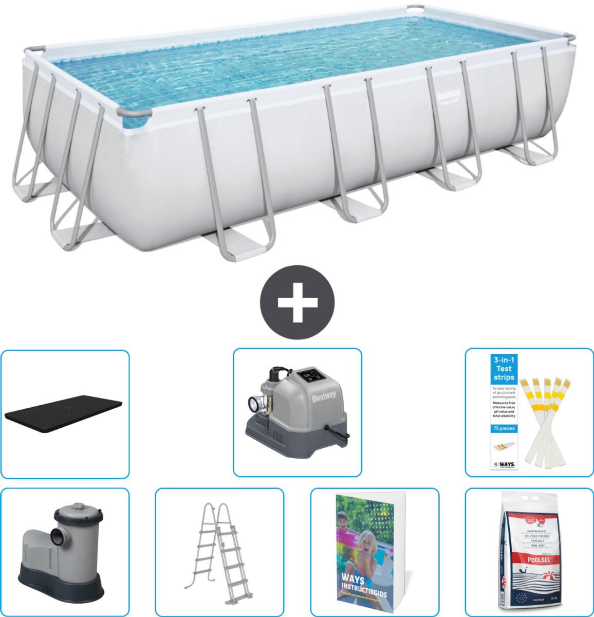 Bestway Rechthoekig Power Steel Zwembad - 549 x 274 x 122 - Grijs - Inclusief Pomp - Ladder - Afdekzeil - Zoutwatersysteem - Zwembadzout - 8-delig
