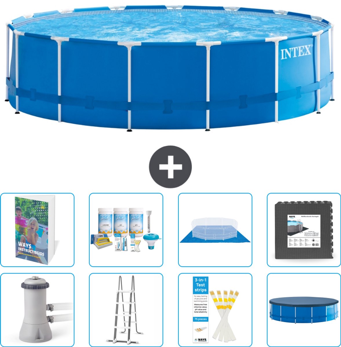 Intex Rond Frame Zwembad - 457 x 122 cm - Blauw - Inclusief Pomp - Ladder - Grondzeil - Afdekzeil - Onderhoudspakket - Vloertegels - 9-delig