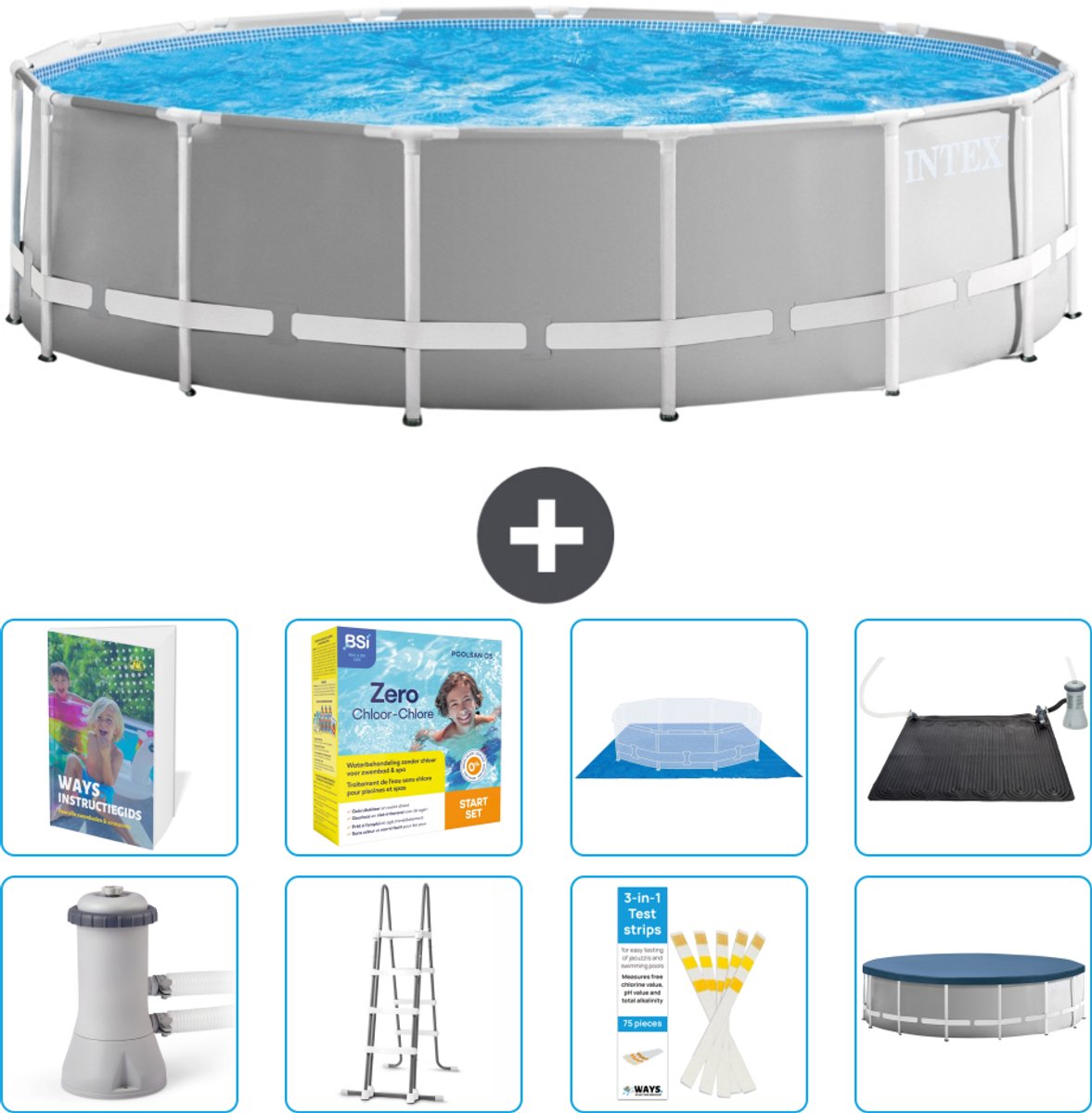 Intex Rond Prism Frame Zwembad - 457 x 122 cm - Grijs - Inclusief Pomp - Ladder - Grondzeil - Afdekzeil - Onderhoudspakket - Solar Mat - 9-delig