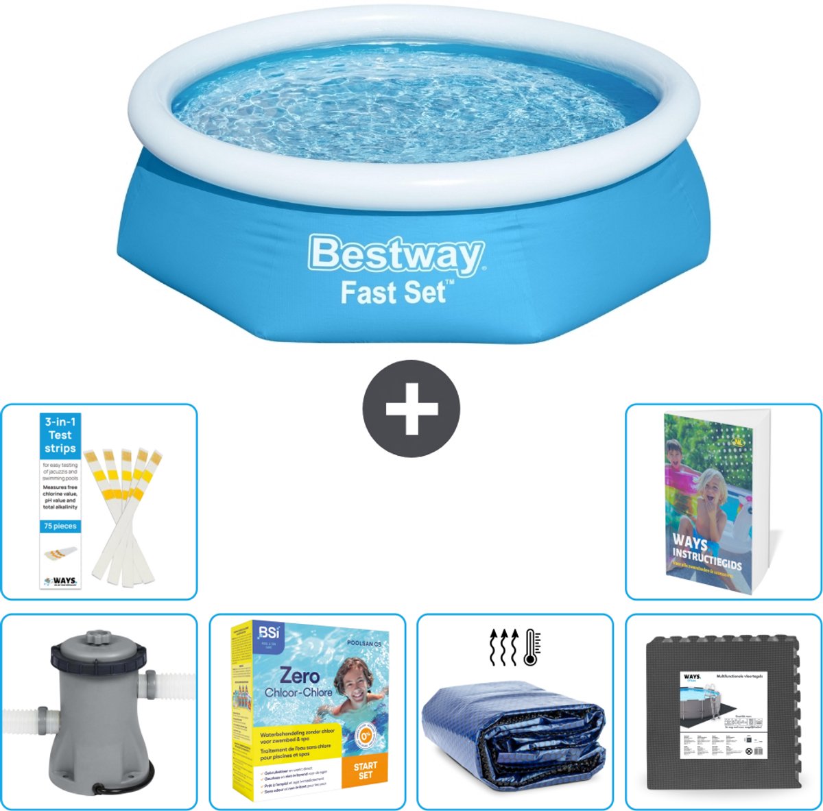 Bestway Rond Opblaasbaar Fast Set Zwembad - 244 x 61 cm - Blauw - Inclusief Pomp - Onderhoudspakket - Solarzeil - Vloertegels - 7-delig