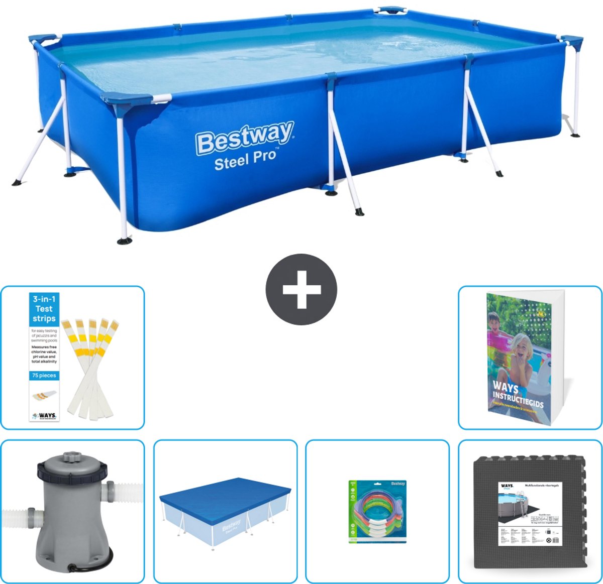 Bestway Rechthoekig Steel Pro Zwembad - 300 x 201 x 66 cm - Blauw - Inclusief Pomp - Afdekzeil - Speelgoed - Vloertegels - 7-delig