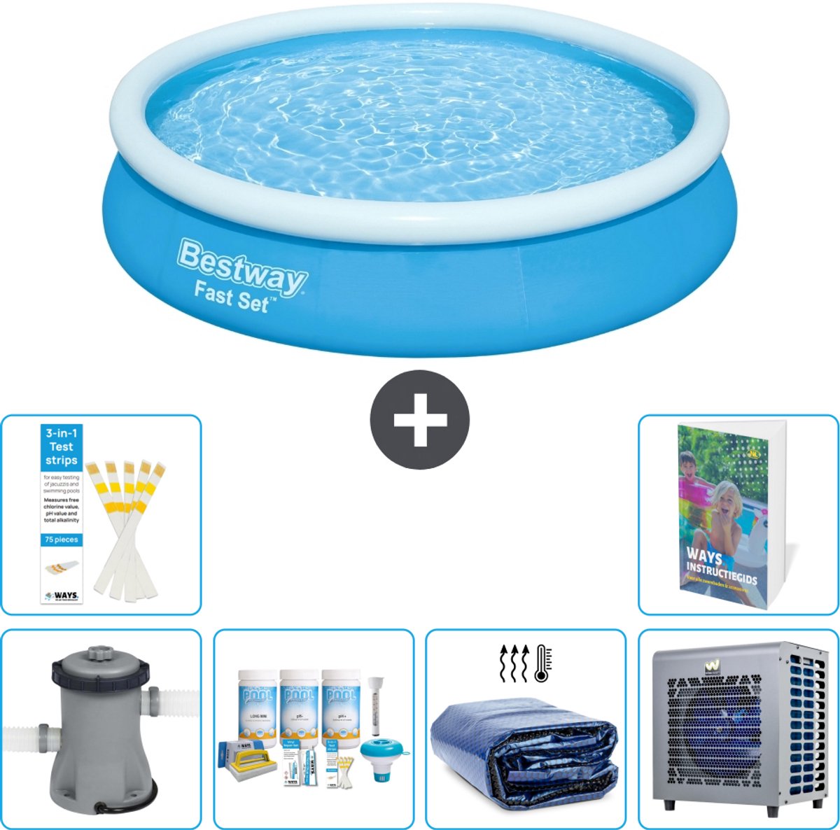 Bestway Rond Opblaasbaar Fast Set Zwembad - 366 x 76 cm - Blauw - Inclusief Pomp - Onderhoudspakket - Solarzeil - Warmtepomp - 7-delig