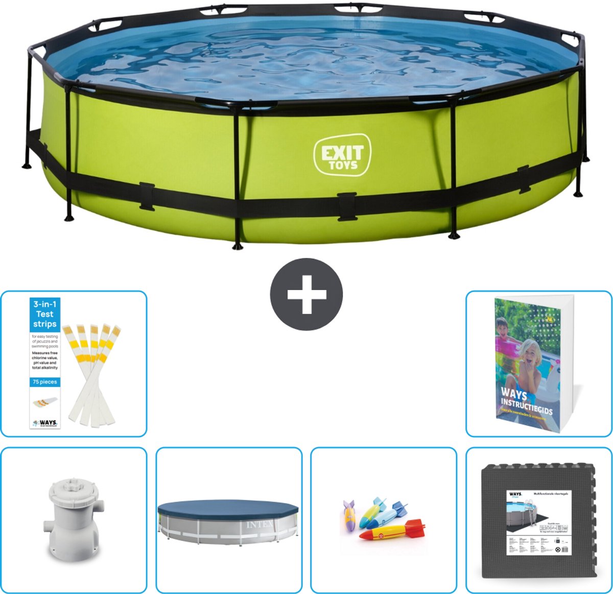 EXIT Rond Lime Frame Zwembad - 360 x 76 cm - Inclusief Pomp - Afdekzeil - Speelgoed - Vloertegels - 7-delig