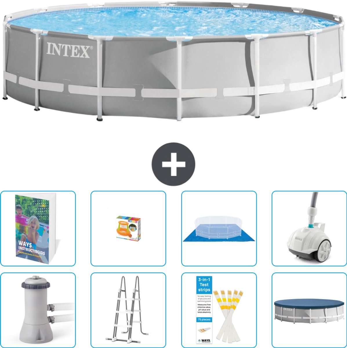 Intex Rond Prism Frame Zwembad - 427 x 107 cm - Grijs - Inclusief Pomp - Ladder - Grondzeil - Afdekzeil - Speelgoed - Stofzuiger - 9-delig