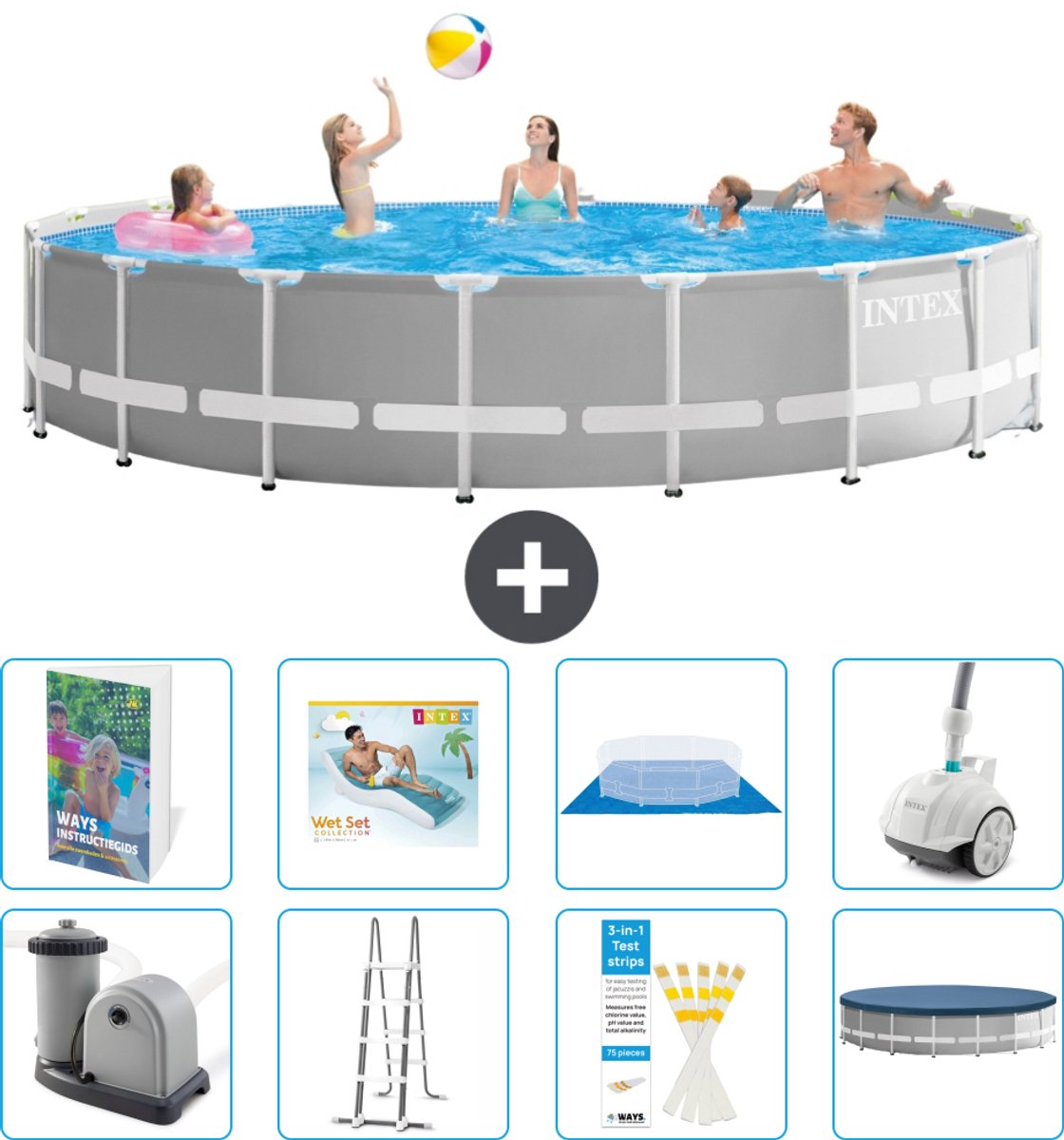 Intex Rond Prism Frame Zwembad - 548 x 122 cm - Grijs - Inclusief Pomp - Ladder - Grondzeil - Afdekzeil - Loungebed - Stofzuiger - 9-delig