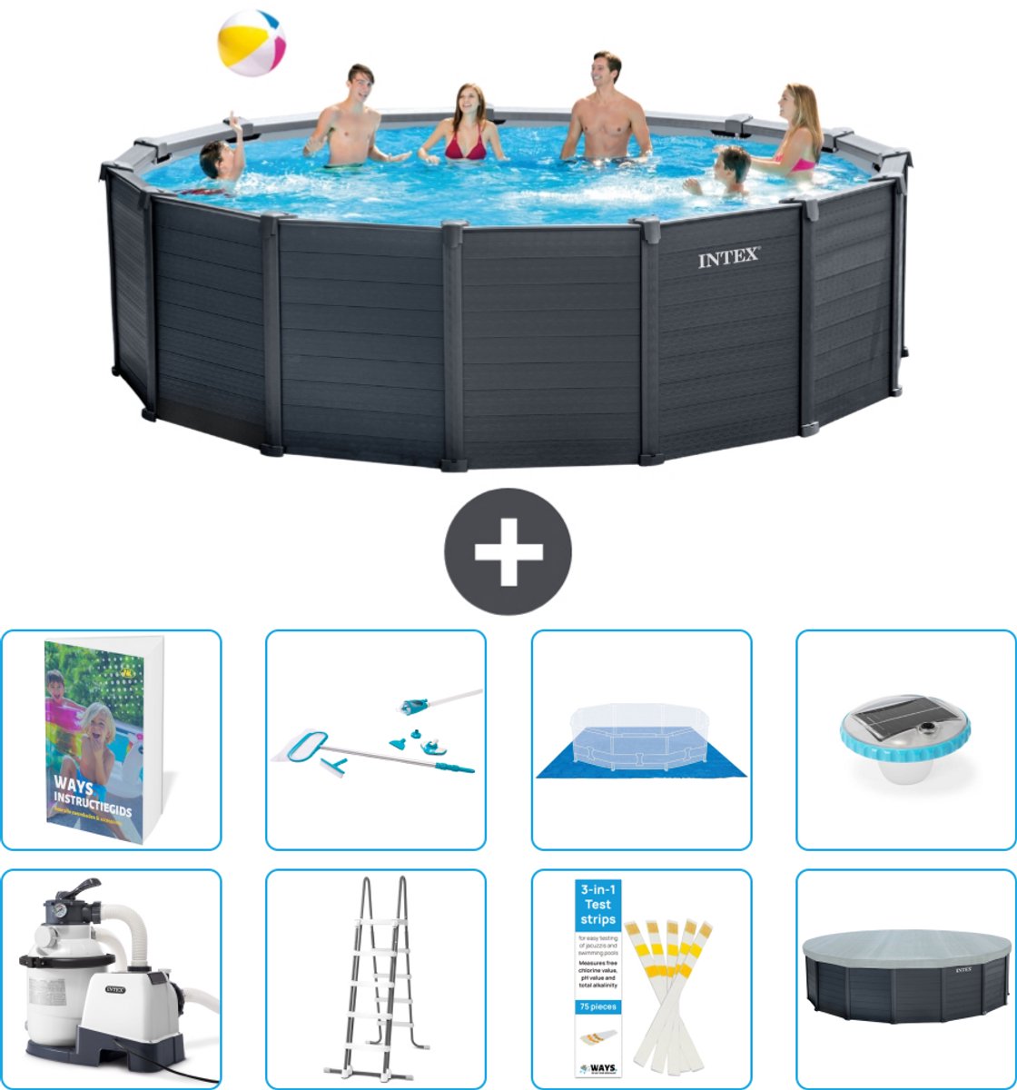 Intex Rond Graphite Gray Panel Zwembad - 478 x 124 cm - Inclusief Pomp - Ladder - Grondzeil - Afdekzeil - Schoonmaakset - Verlichting - 9-delig