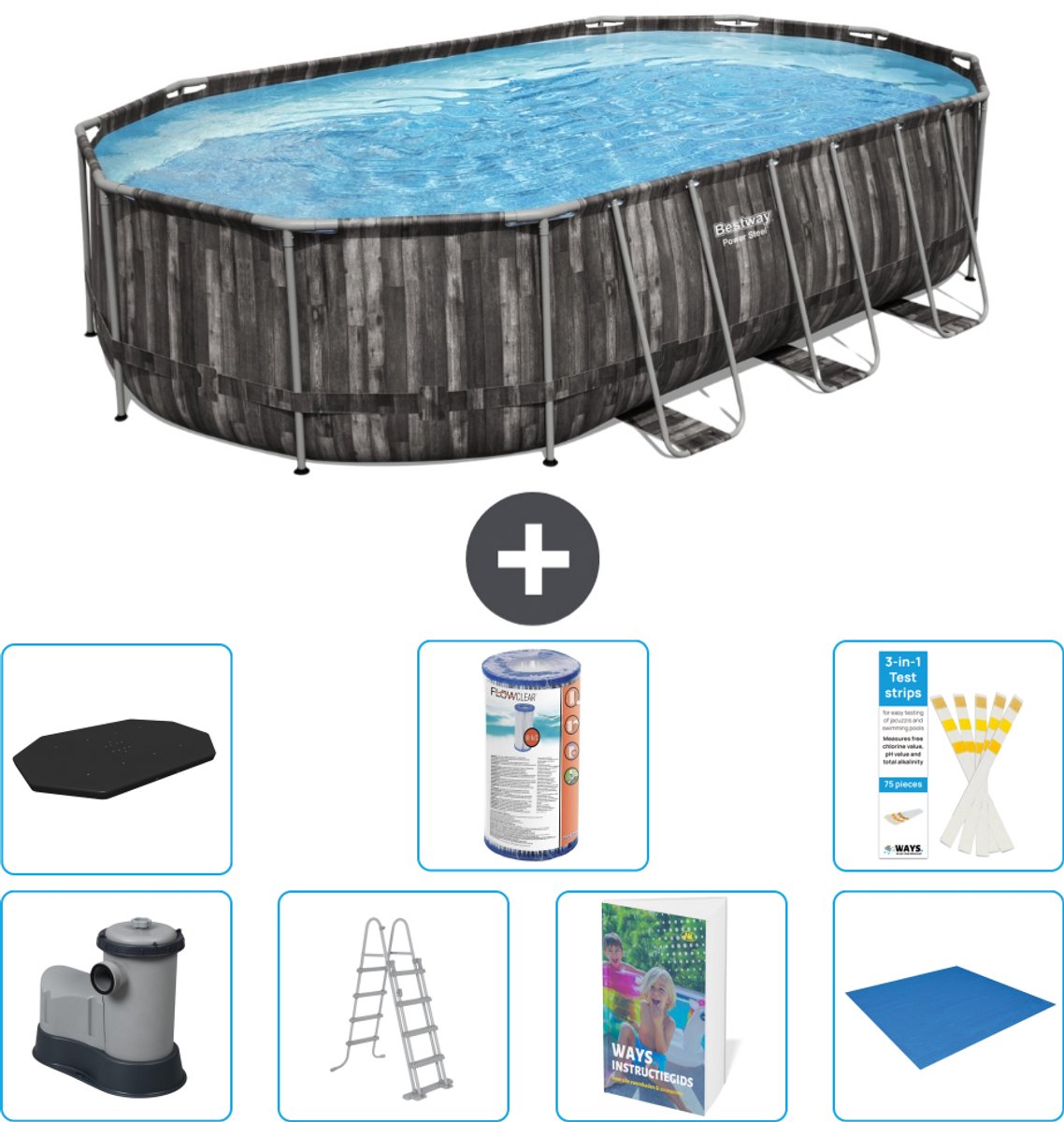 Bestway Ovaal Power Steel Zwembad - 610 x 366 x 122 - Grijs - Inclusief Pomp - Ladder - Afdekzeil - Filter - Grondzeil - 8-delig