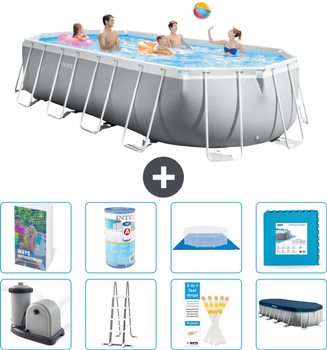 Intex Ovaal Prism Frame Zwembad - 610 x 305 x 122 cm - Grijs - Inclusief Pomp - Ladder - Grondzeil - Afdekzeil - Filter - Vloertegels - 9-delig
