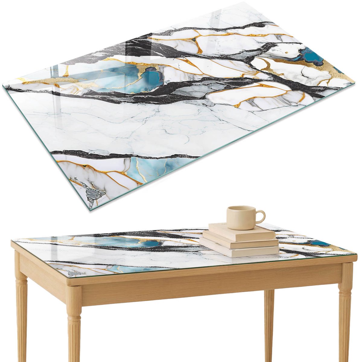 ArtPrintCave Luxueus marmer Glazen Tafelblad 120x80 cm - Tafelblad Rechthoek - Zwart Bureaublad - Abstractie Keukentafel