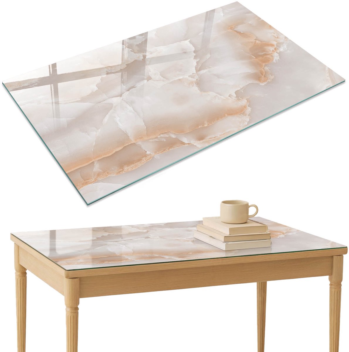 ArtPrintCave Marmerpatroon Glazen Tafelblad 120x80 cm - Tafelblad Rechthoek - Beige Glazen Eettafel - Texturen Eettafel Met Glasplaat