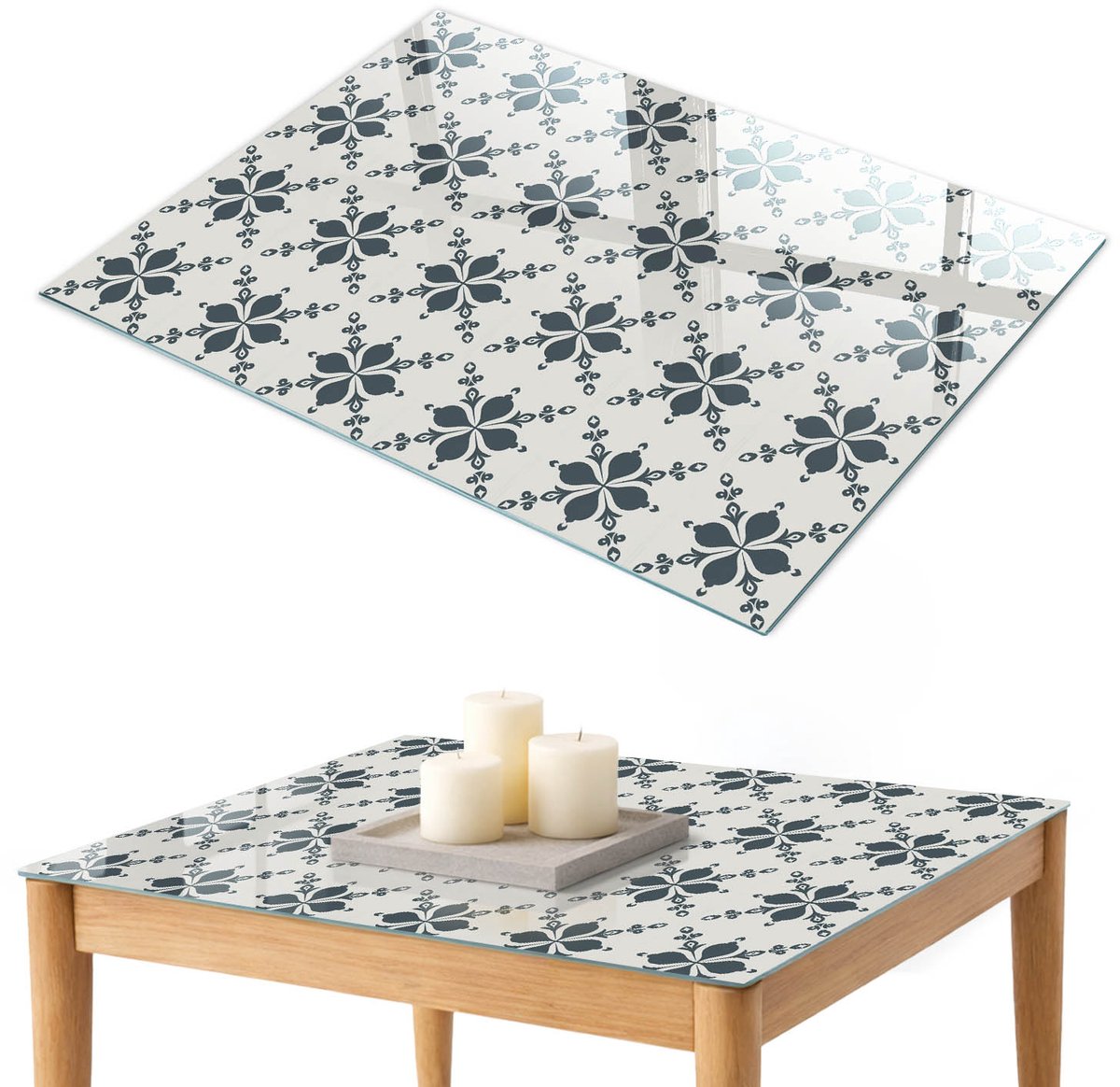 ArtPrintCave Bloemsymmetrie Glazen Tafelblad 100x70 cm - Tafelblad Rechthoek - Grijs Glasplaat - Achtergronden en patronen Keukentafel