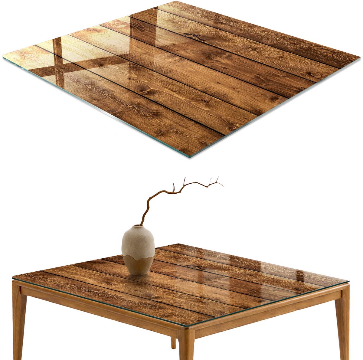 ArtPrintCave houten planken Glazen Tafelblad 60x60 cm - Tafelblad Rechthoek - Bruin Bureaublad - Texturen Glasplaat