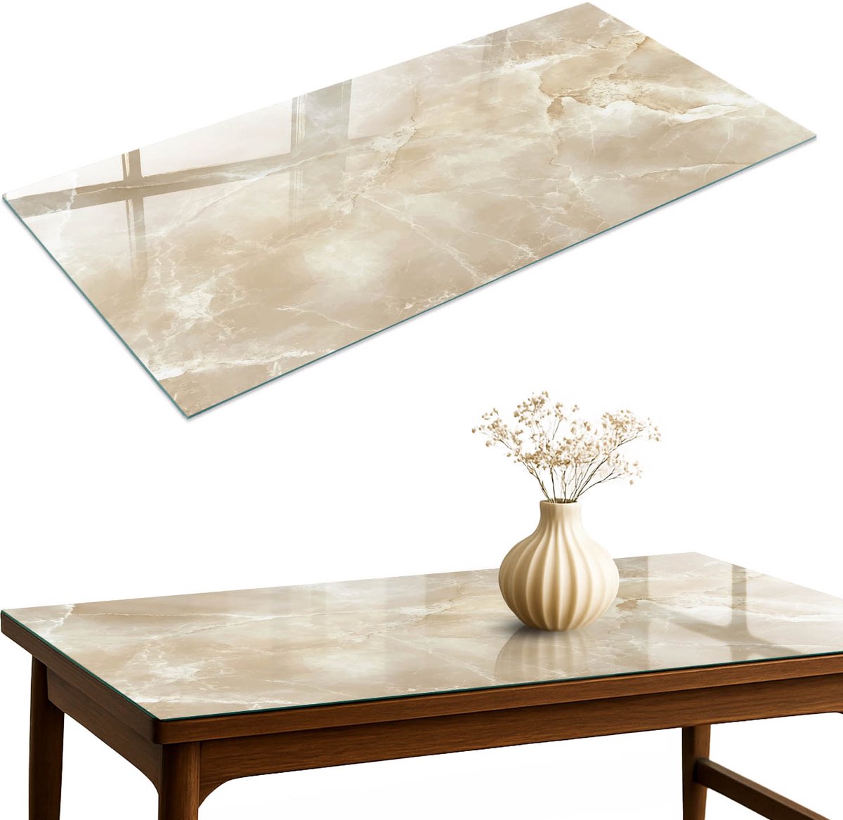 ArtPrintCave Crème marmer Glazen Tafelblad 120x60 cm - Tafelblad Rechthoek - Romig Eettafel Met Glasplaat - Texturen Bureaublad