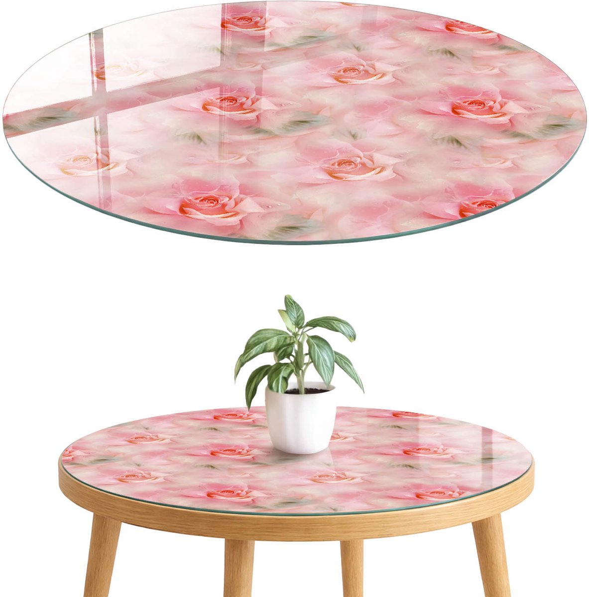 ArtPrintCave Rozenpatroon Glazen Tafelblad fi70 cm - Tafelblad Rond - Roze Eettafel Met Glasplaat - Bloemen en planten Terrastafel