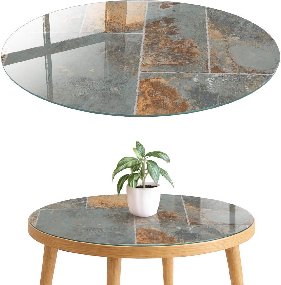 ArtPrintCave Rustieke tegels Glazen Tafelblad fi70 cm - Tafelblad Rond - Grijs Tafelblad Glas - Texturen Glazen Eettafel