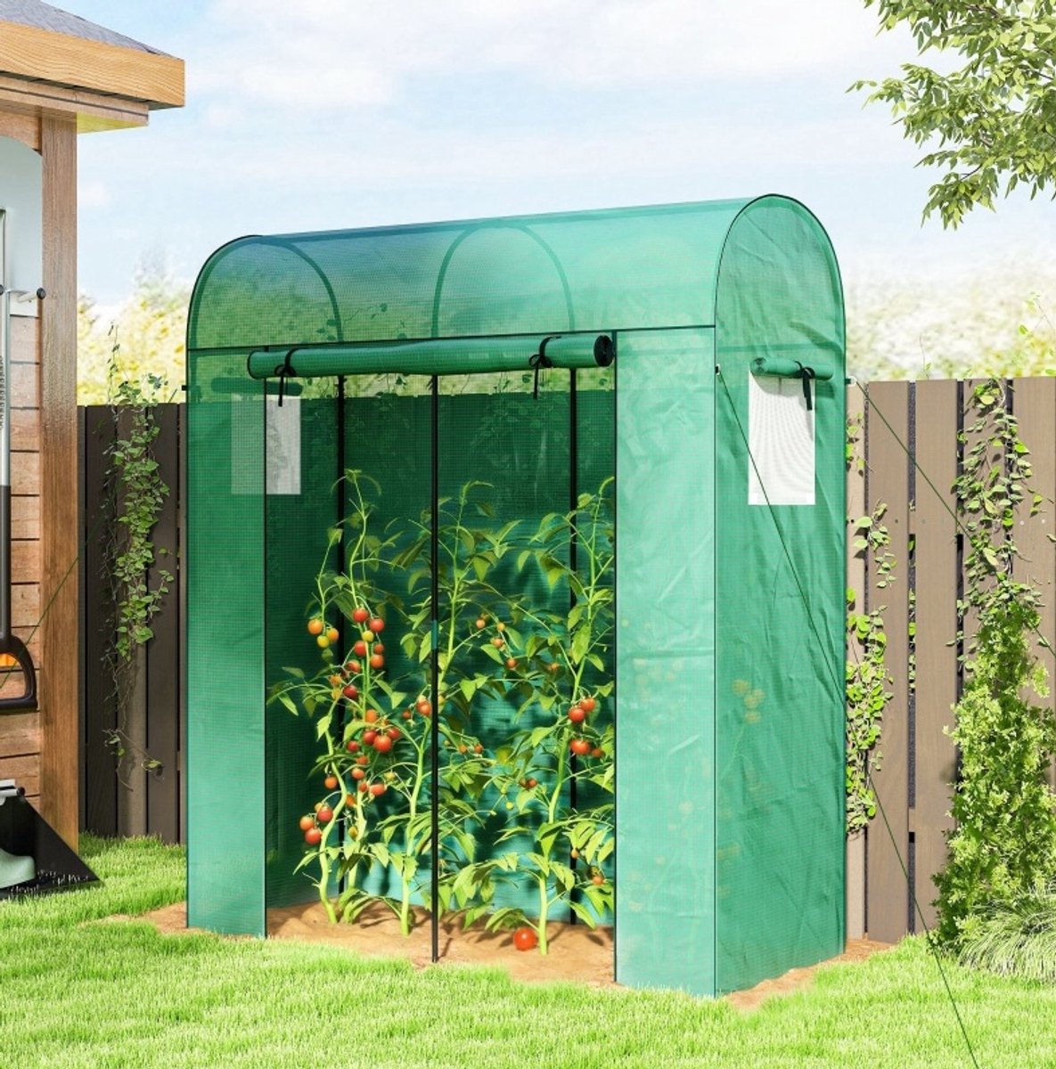 COVREO Tomatenkas 170 x 68 x 200 cm groen, staal met rolltor en netvensters